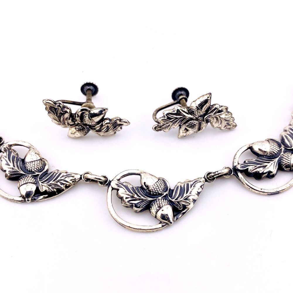 Danecraft Sterling Silver Necklace Earrings Set Signed Acorns n Leaves Links VTG